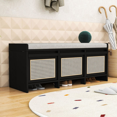 Rattan Shoe Storage Bench with Tufted Removable Cushion, Hidden Compartment and 3 Drawers