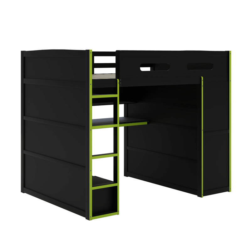 Lit mezzanine double avec bureau intégré, garde-robe, tiroirs de rangement et lumière DEL RVB, Green