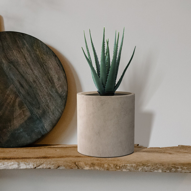 12.9" Beige Lightweight Concrete Cylindrical Planter with Drainage Hole