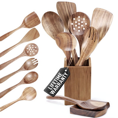 Cuillères en bois 8 pièces pour la cuisson avec repose-cuillère et support