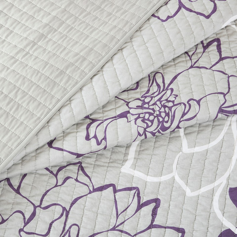 Courtepointe réversible en coton 6 pièces, très grand / très grand, gris taupe / mauve, imprimé floral pour un ensemble de literie romantique, avec imprimé floral