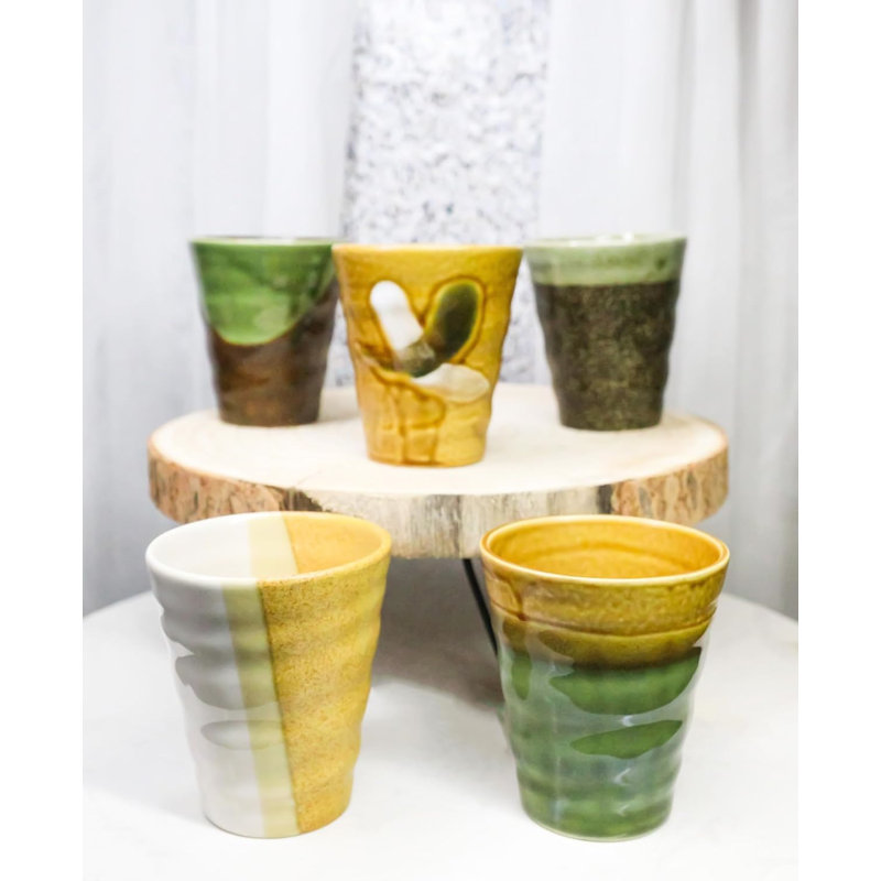 Ensemble de 5 tasses à thé en céramique émaillée abstraite Tenmoku 10 oz fabriquées au Japon