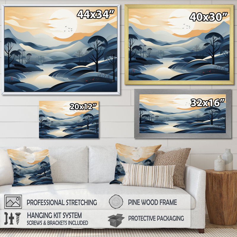 Paysage bleu-gris, Encadrement doré, H 12 po x l 20 po x P 1 po