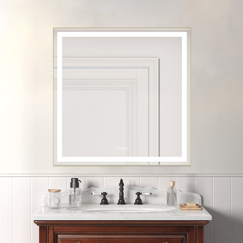 Miroir de meuble-lavabo avant et rétroéclairé à cadre en aluminium, antibuée / gradation continue / 3 couleurs réglables