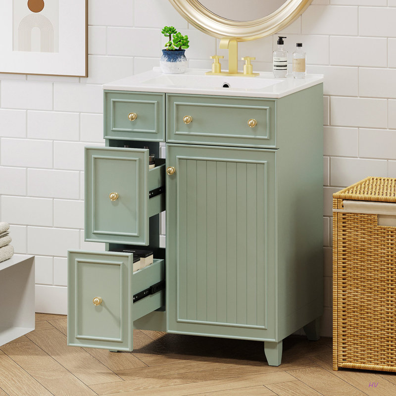 Armoire de meuble-lavabo 24 po avec lavabo en céramique, 2 tiroirs, 1 porte, Vert/doré