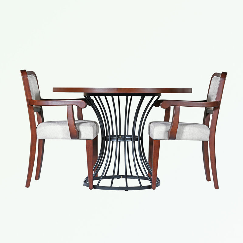Ensemble de table ronde avec base en métal et 2 chaises rembourrées, Noyer, Noyer, Noir