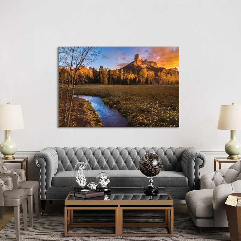 «Chimney Rock Sunset - Deb's Meadow Colorado Fall Colors», reproduction d'art mural - toile tendue, 40 po x 60 po, Sans cadre
