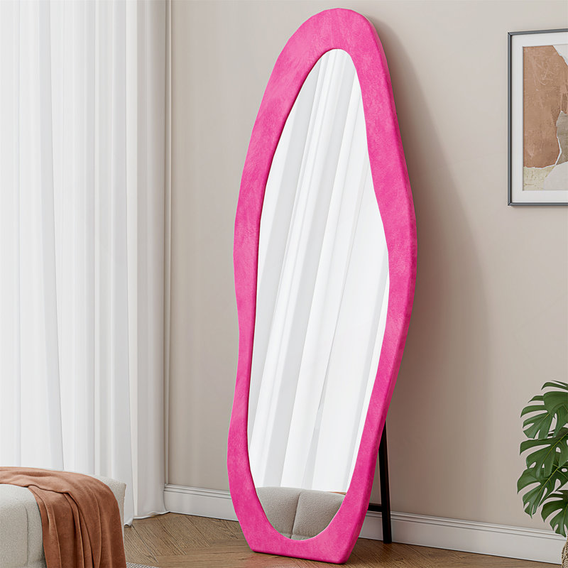 Full Length Mirror, 63" X 24" Floor Mirror/ Wall Mirror, Flannel Wrapped Wooden Frame Floor Mirror, Irregular Wavy Mirror Standing/Halling Large Wall Mirror For Bedroom,Living Room, Dressing Room