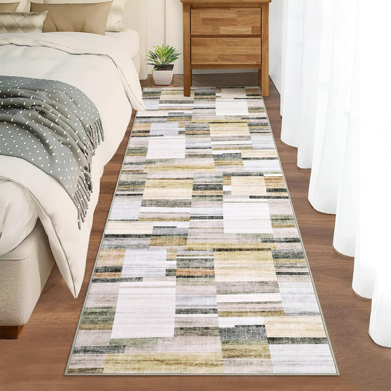 8x10 Washable Geometric Patchwork Rug, Non-Slip, Low Pile, Modern Farmhouse Carpet for Bedroom or Dining Room, Red