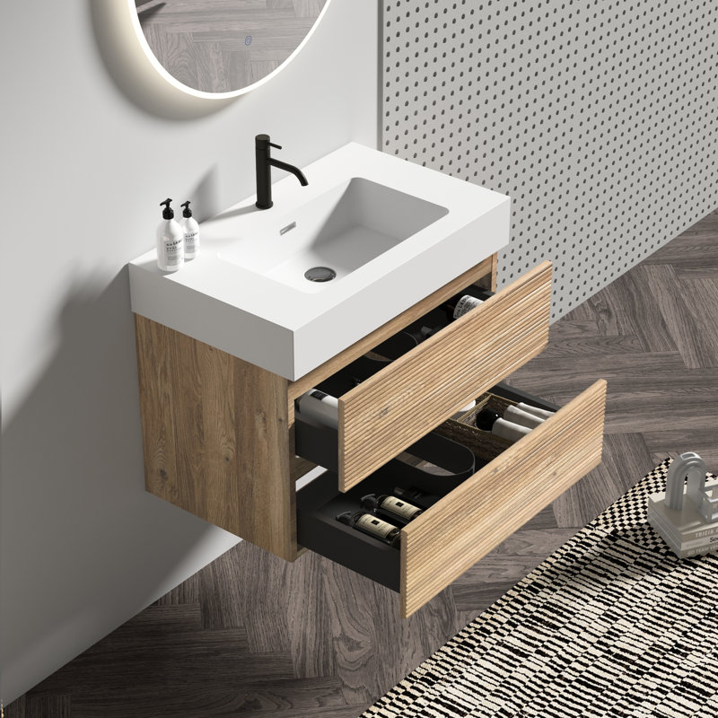 Meuble-lavabo mural, aspect chêne, tiroirs à fermeture en douceur, ingrédients E1, détails de drainage en forme de U, matériaux, option