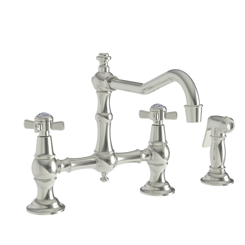 Chesterfield Kitchen Bridge Faucet with Side Spray, Polished Nickel, Cross