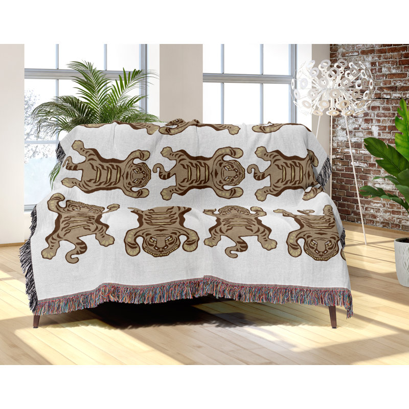 Jeté en mélange de coton Usha, Beige / Blanc cassé, L 80 po x l 60 po