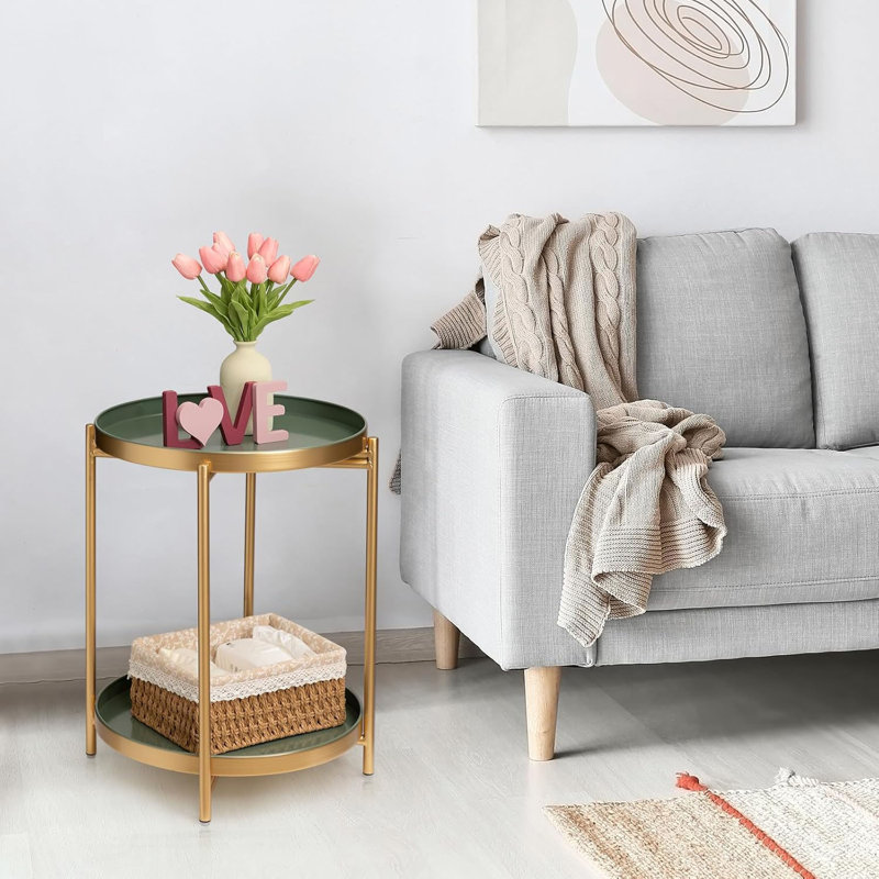 2 Tier Side Table, Folding Round Metal End Table Small Nightstand With Two Removable Tray For Bedroom Living Room Bedside Small Spaces