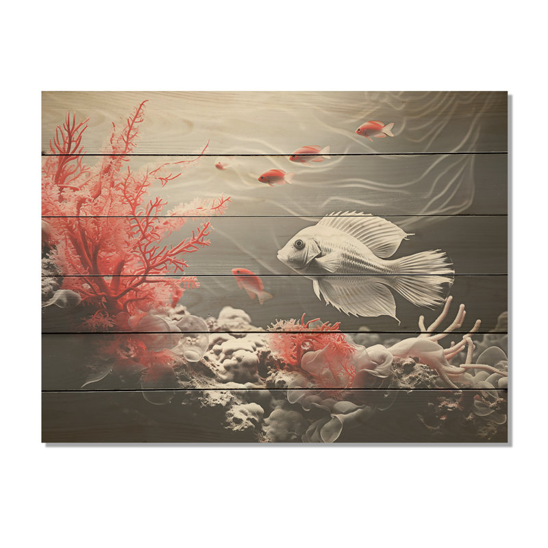Monogramme rouge et gris de poissons rampants - corail côtier sous l'eau, art mural sur bois de pin naturel