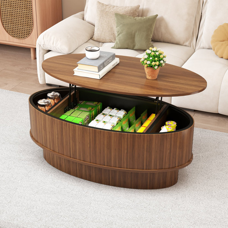 41 Inch Oval Lift Top Coffee Table With Storage, Small Center Table With Lifting Top For Living Room, Walnut