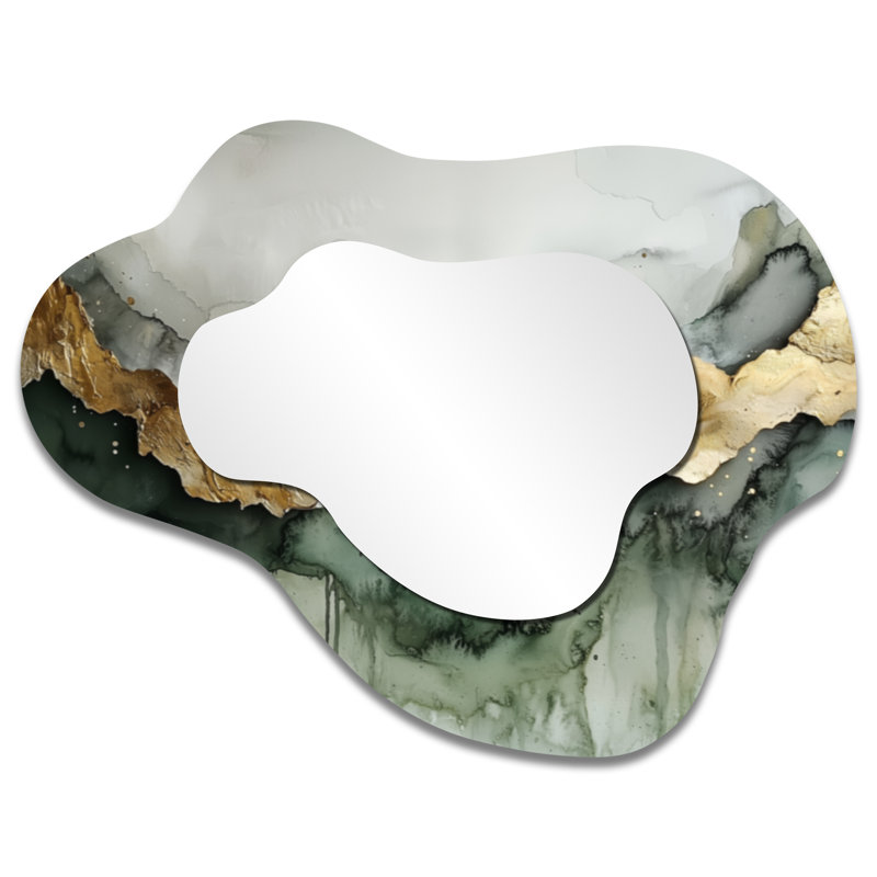 Ethereal Echo Of Emerald Calacatta Marble I - miroir mural asymétrique abstrait, miroir de coiffeuse moderne, imprimé sur métal