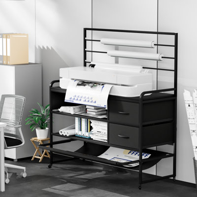 47.2"W 4-Tier Oxford Fabric Printer Stand with 3 Adjustable Roll Bars, 2 Storage Shelves & 2 Drawers, Built-in Charging Station, Lockable Casters, Wide-Format Printer Table with Storage for Home & Office