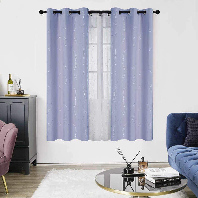 Blackout Grommet Silver Pattern Printed Curtains, , 42" W x 45" L, Purple