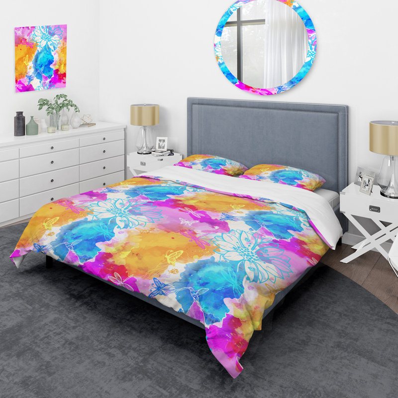 Ensemble de housse de couette en microfibre rose / bleu / jaune 2 pièces