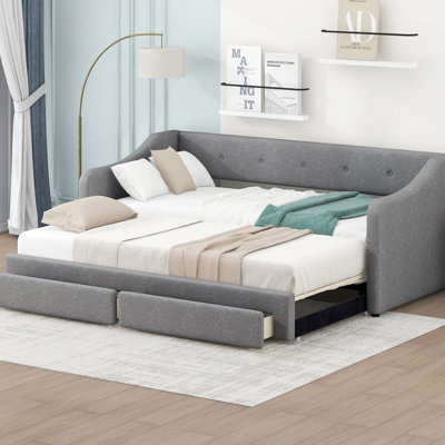 Gray Upholstered Daybed From Twin Xl To King Size With 2 Drawers - Chic And Functional Bed For Any Room Drawers, Comfortable Attractive Space