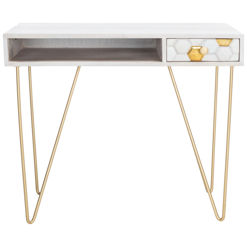 Bureau en bois massif Kershaw, Blanc délavé / mélange blanc délavé / laiton, Or
