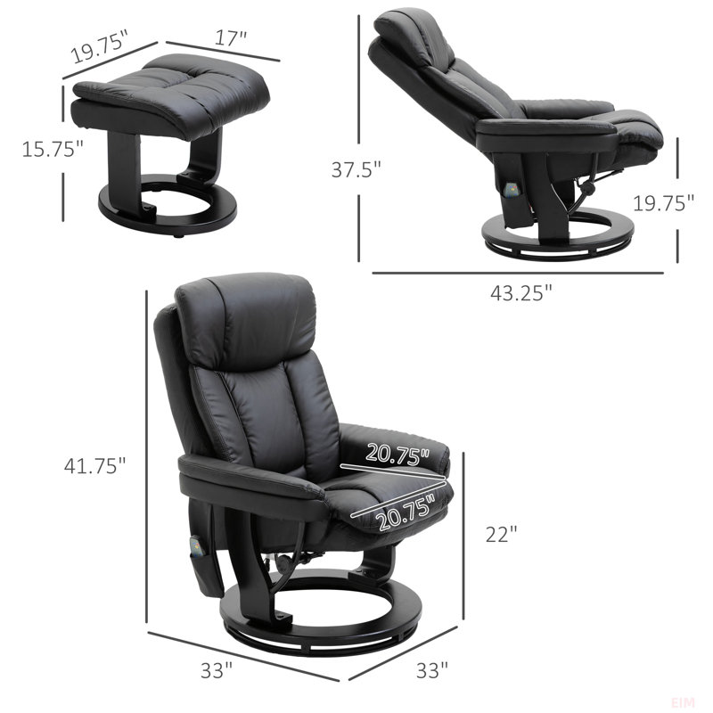 Fauteuil inclinable de massage en cuir polyuréthane avec repose-pieds 10 points, Noir