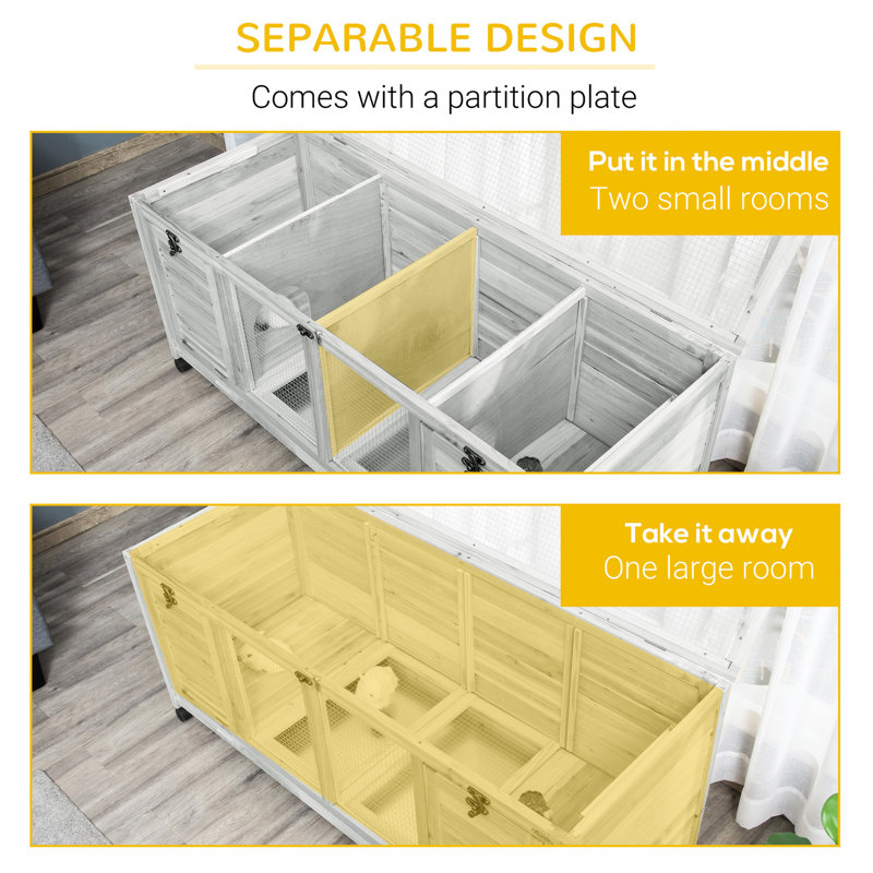 Cage pour petits animaux avec roulettes et toit ouvrable, conception mobile de portes en lapin gris en bois