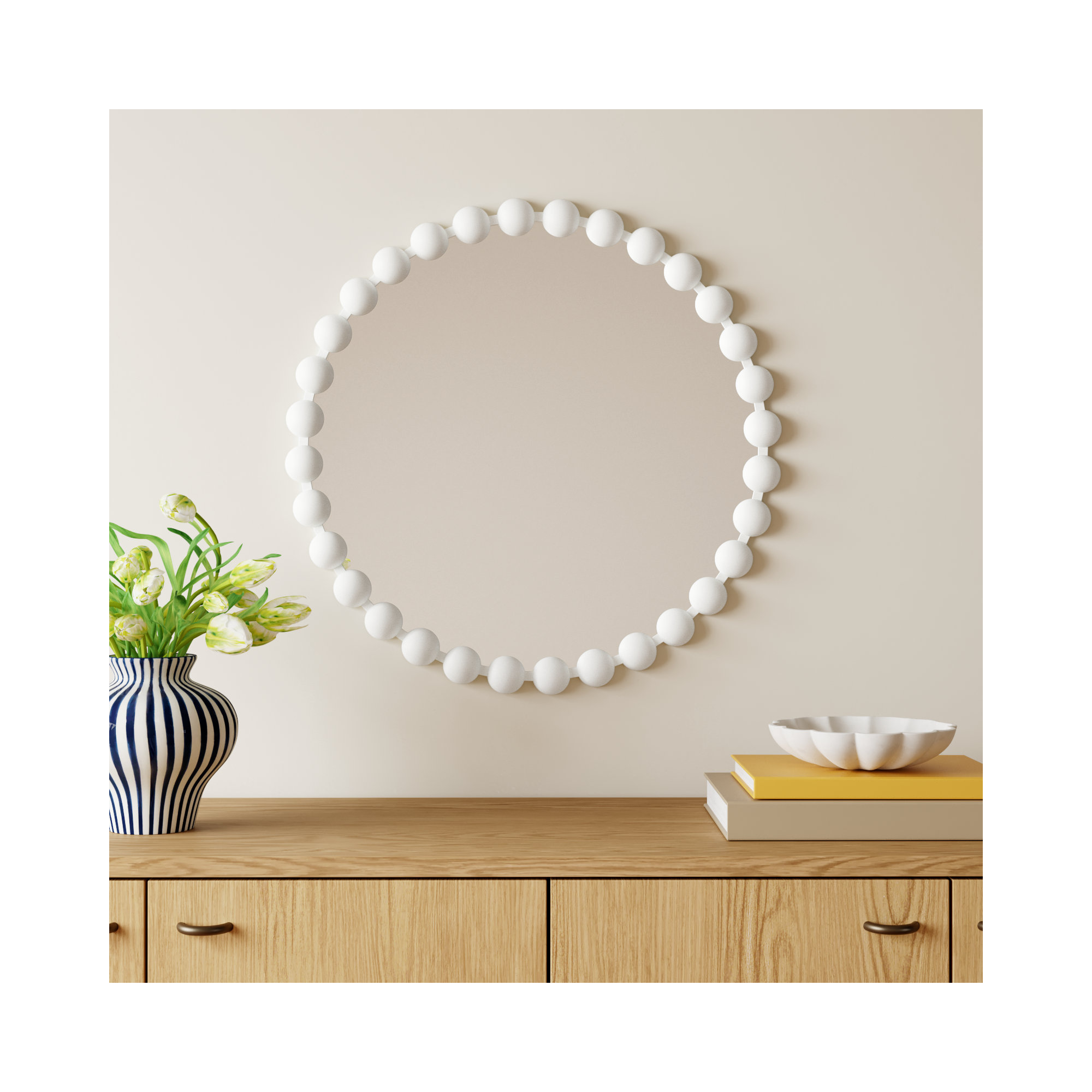 Marlowe Beaded Round Metal Wall Mirror, Matte White, 27" x 27"