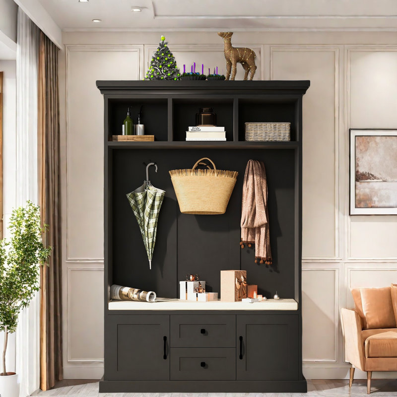 Ehrenfried  Hall Tree With Coat Rack, Storage Bench, 2 Drawers, 2 Cabinets And 3 Open Shelves, Black