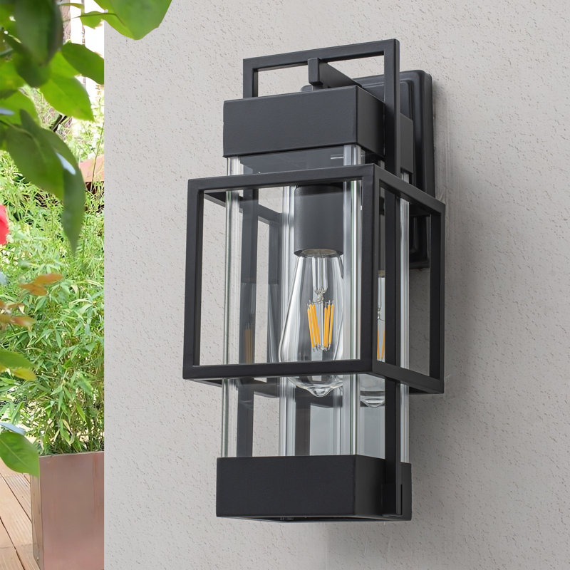 Black 1-light Outdoor Wall Lantern Sconce With Mirror Reflector