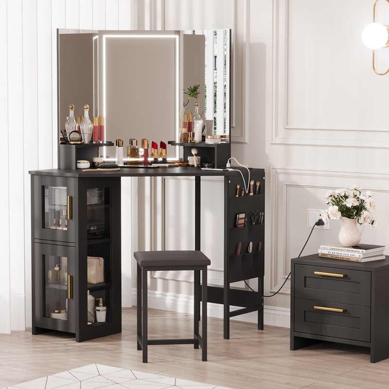 Ensemble de coiffeuse de coin avec tabouret et miroir, grande coiffeuse avec rangement, ensemble de coiffeuse de maquillage pour petit espace de chambre