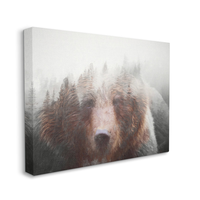 Abstrait, vie sauvage, ours brun, forêt brumeuse, art mural par Daniel Sproul, H 30 po x l 40 po x P 1,5 po