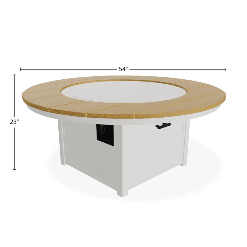 Table de feu 54 po ronde en polymère rustique avec tablette au propane, Neige / teck