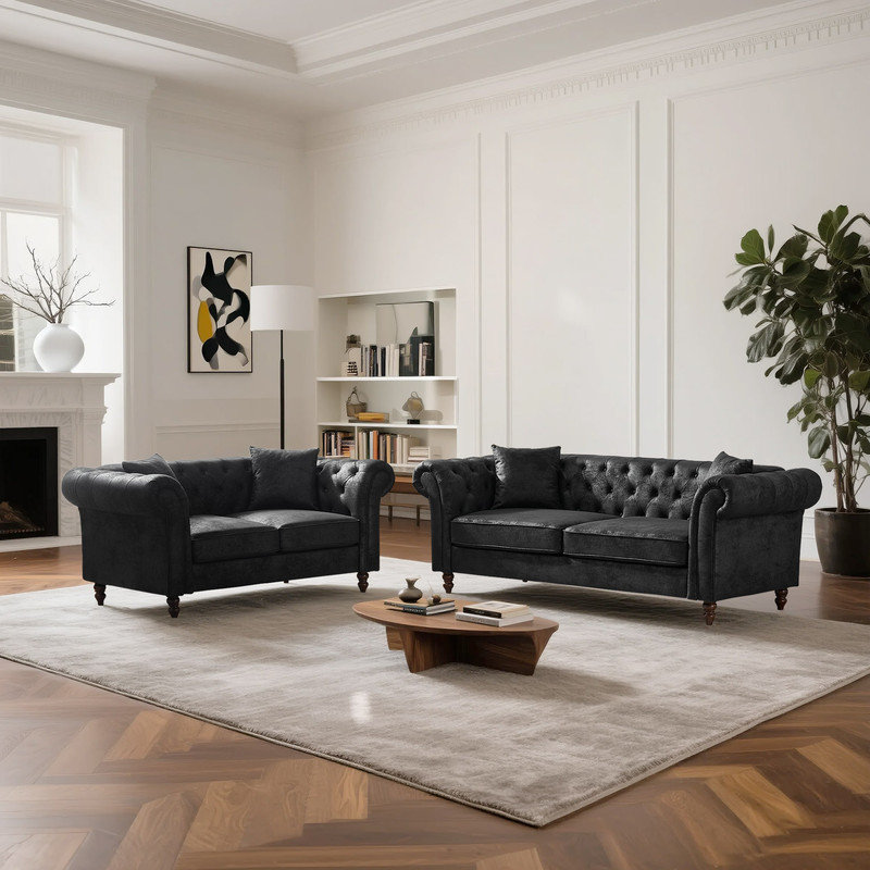 Ensemble de canapé chesterfield Mid-Century, Noir