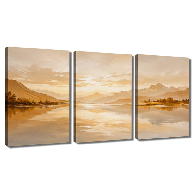 3 panneaux muraux Golden Tone Lake Mountain Reflection Landscape, reproduction d'art sur toile tendue, 20 * 30 pouces * 3