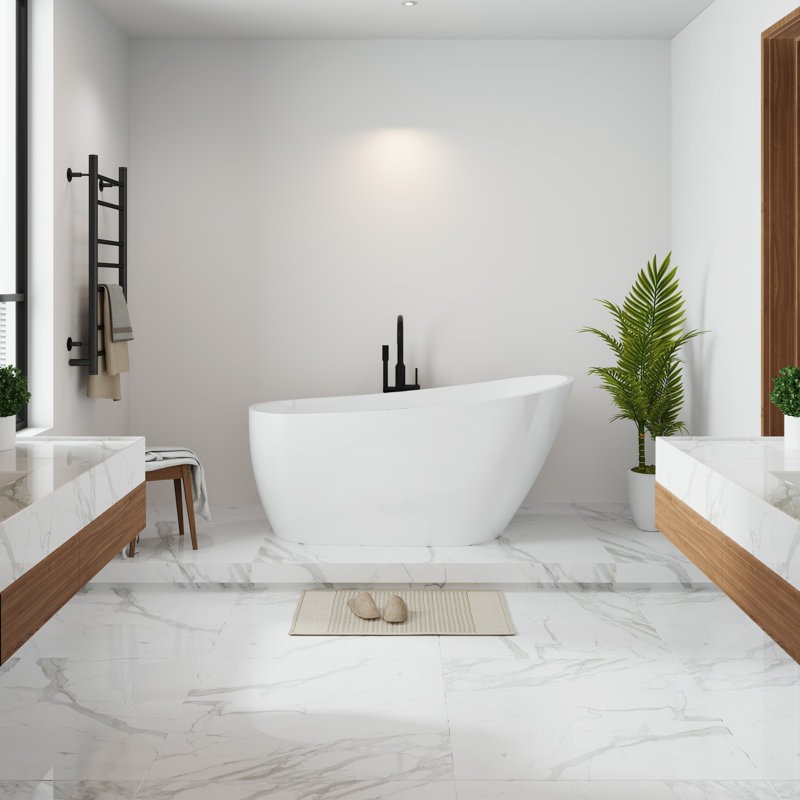Baignoire de trempage autoportante en acrylique autoportante 55 po. X 28,35 po. Blanc brillant avec bonde escamotable et trop-plein intégré, bonde à finition blanc mat