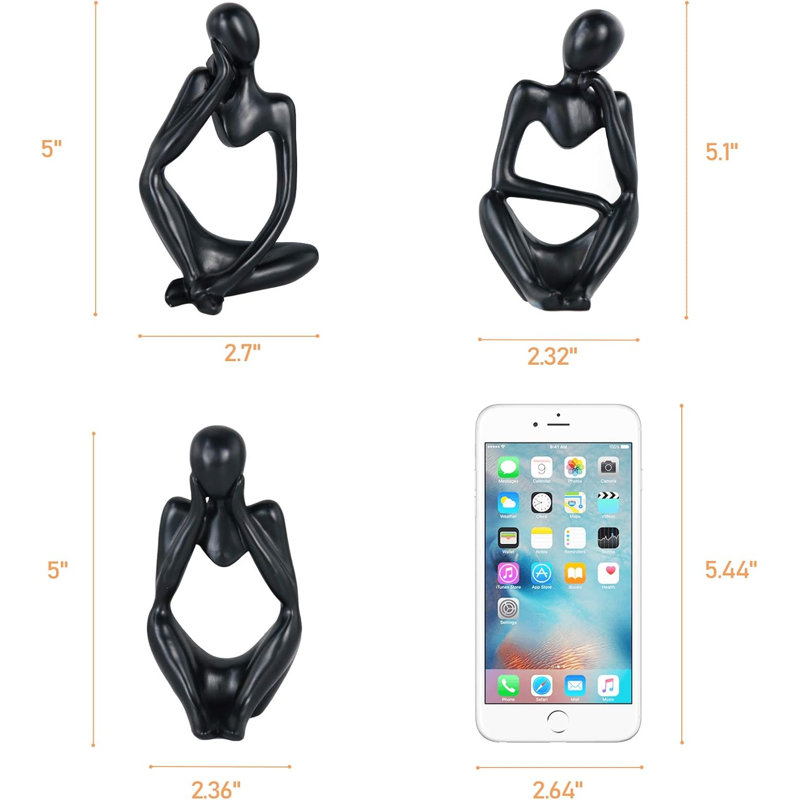 Ensemble de 3 mini-statues en résine abstraites pour le bureau à domicile moderne 3 pièces (noir)