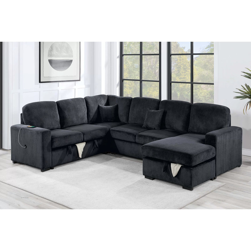 Canapé modulaire convertible 4 pièces Wilfrid, Velours côtelé noir 