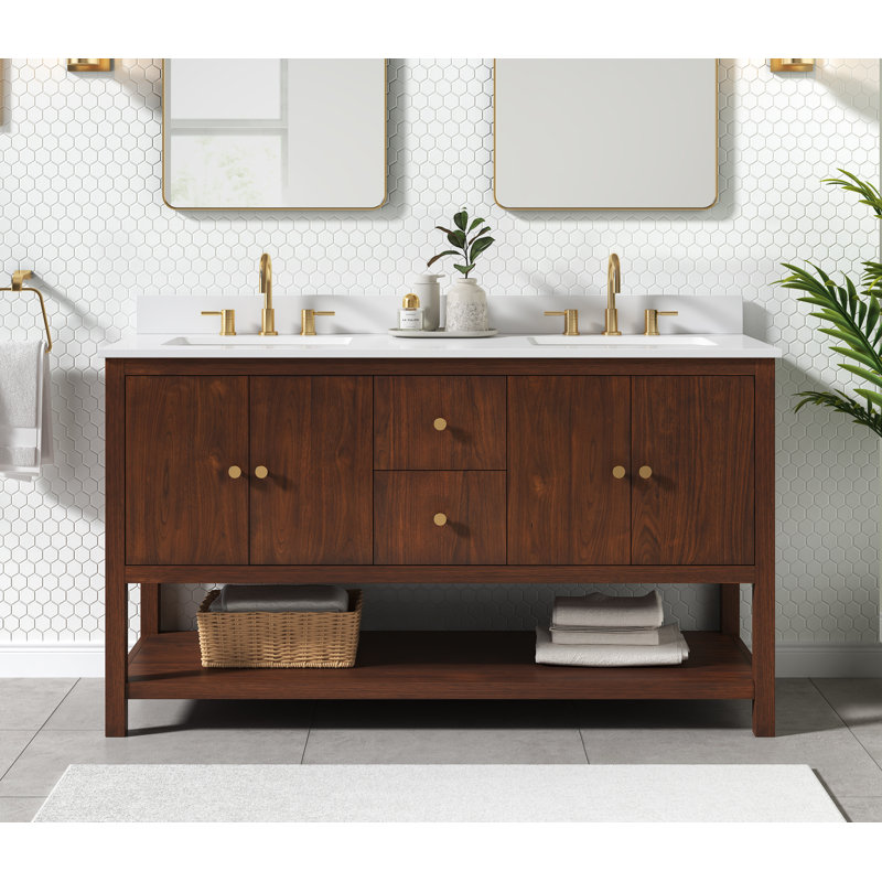 Zoe 61-Inch Walnut Double Sink Vanity with White Quartz Top