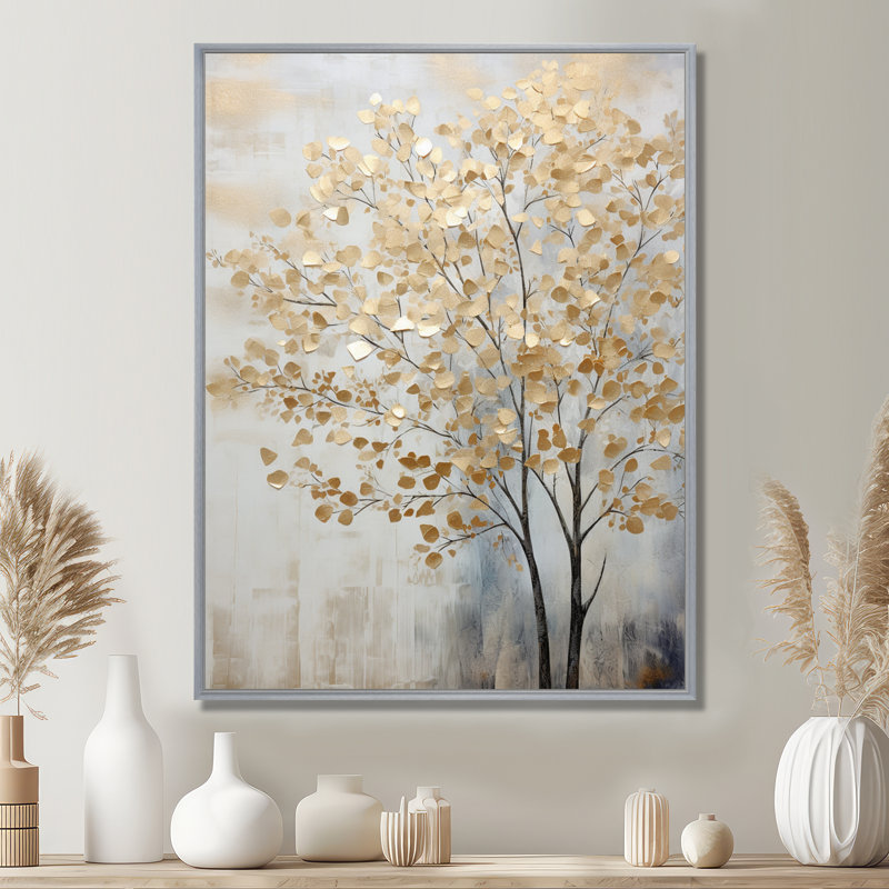 Minimalisme, scène d'arbres bleus et dorés - Art mural arbres, 44" H x 34" W, Encadrement argenté