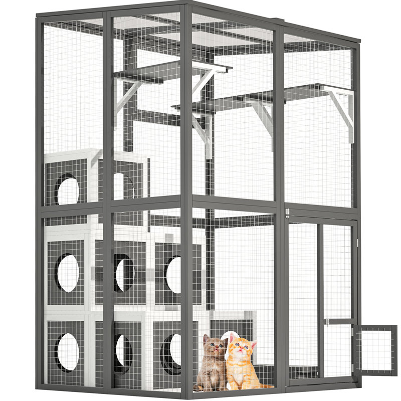 Enclos à chat en bois massif - 7 maisons pour faire la sieste et 2 plateformes de saut, abris de jeu extérieurs gris, pour le plaisir des chats