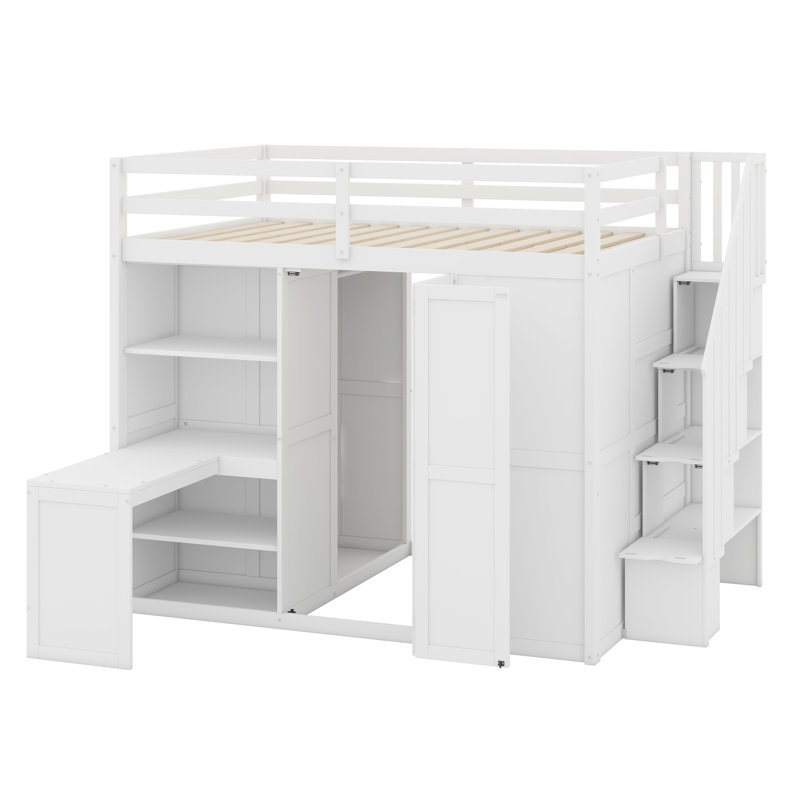 Lit mezzanine avec garde-robe, bureau et tablettes, Blanc