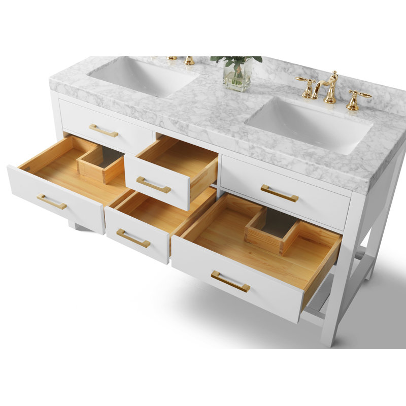Ensemble de meuble-lavabo double 60 po Carrie, Blanc / nickel brossé, Marbre blanc de Carrare