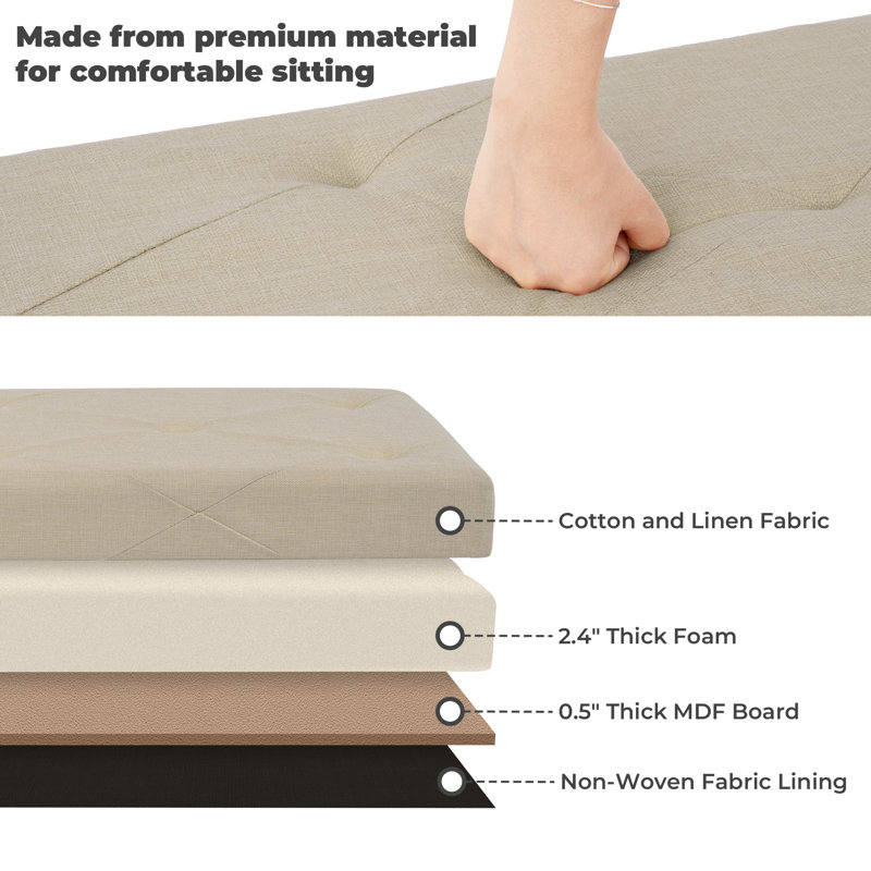 Banc de rangement rembourré avec pieds en bois massif Jenaya, Beige