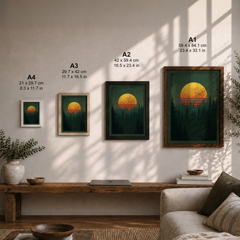 Sun Over Silent Forest Minimalist - Framed Print, A1 - 84.1 x 59.4 cm, White