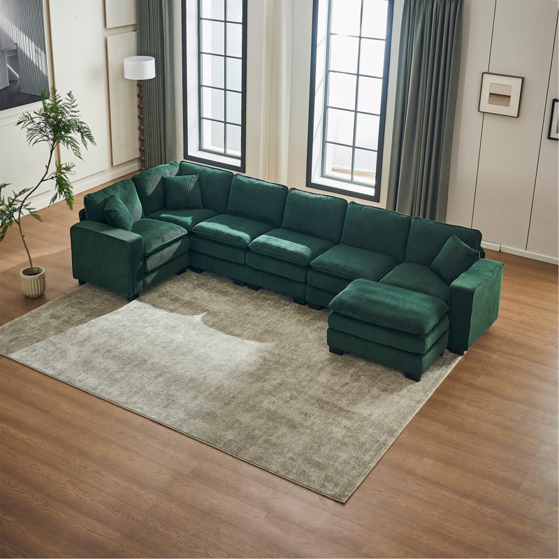 Canapé modulaire moderne en U à 6 places avec un repose-pieds et trois coussins décoratifs, canapé modulaire pour le salon, canapé en velours côtelé