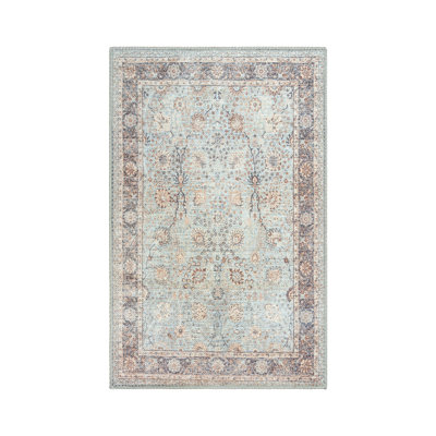 GLN Rugs Traditional Collection - Machine Washable Area Rug, Traditional Washable Rug, Non Slip Washable Rug, Low Pile Chenille Living Room Rug, Bedroom Rug, Kitchen Rug (Blue Floral Rug)