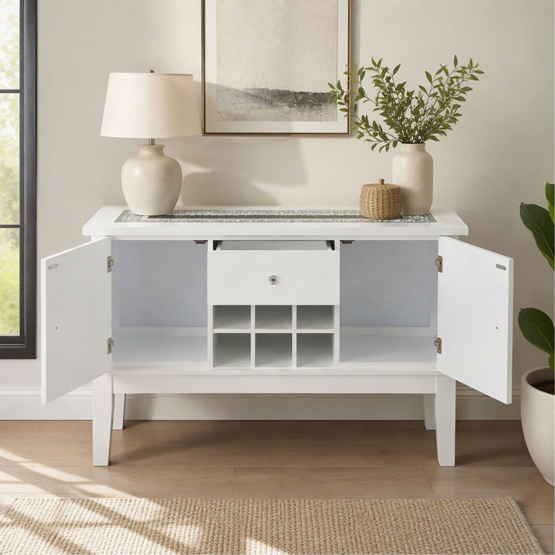 Buffet Elizaveta en faux cristal avec finition laquée blanche lustrée, meuble de rangement élégant pour salle à manger