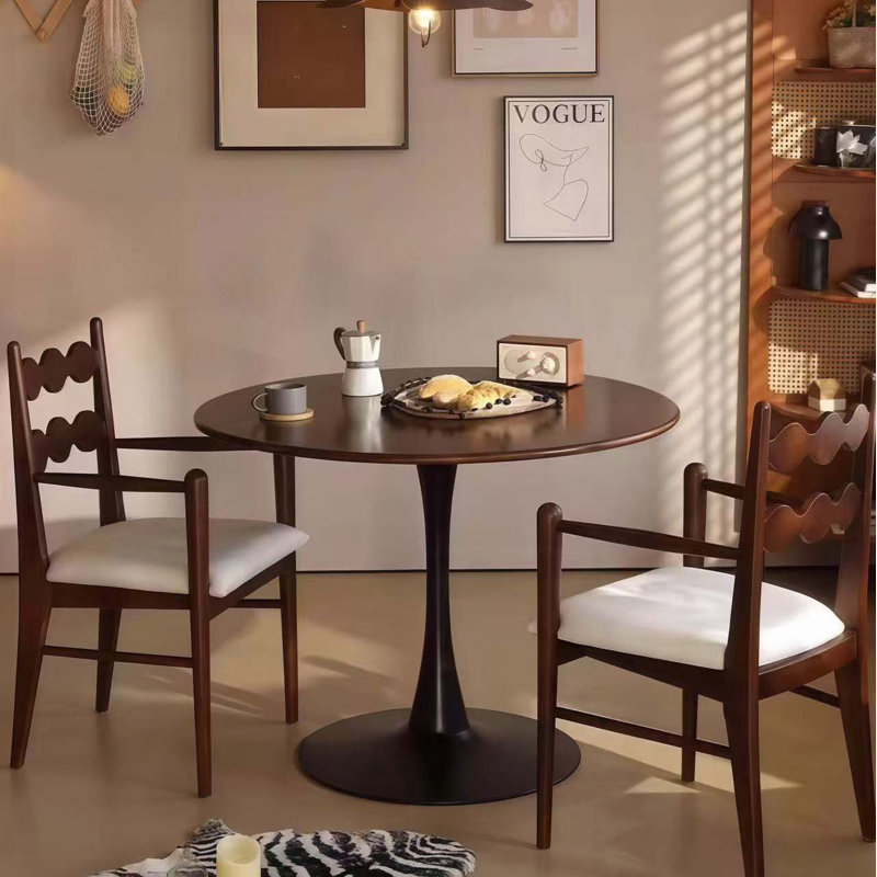Dark Wood Grain Round Tulip Dining Table (24", Seats 2-4), Walnut Top/Black Base, 28.74" H x 24" W x 24" D