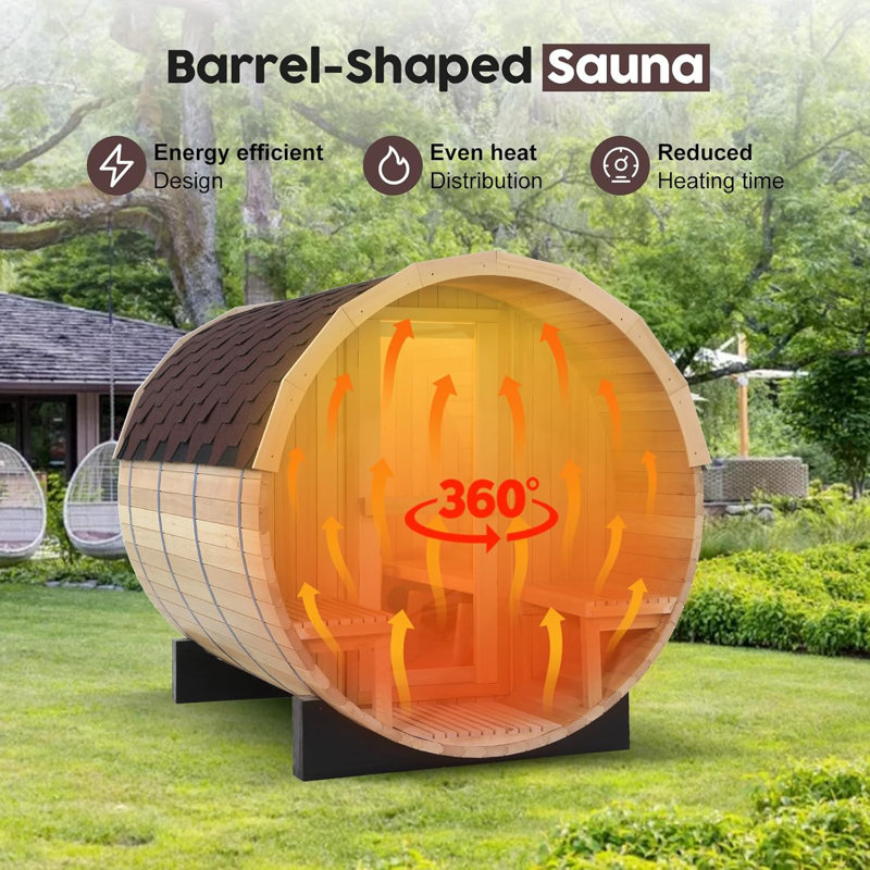 ZONEMEL Indoor and Outdoor Barrel Sauna Room with Porch, Asphalt Shingle Roof, Canadian Hemlock Wood Steam Sauna with ETL Certified 6KW TOULE Heater, Tempered Glass, Mostly for 6 People Sauna Bath